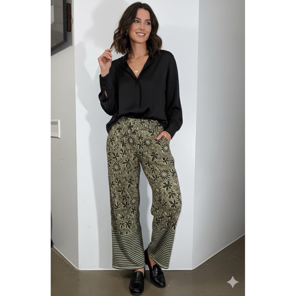 Pact organic earthy, bohemian vibe olive and black color floral/striped pants XS